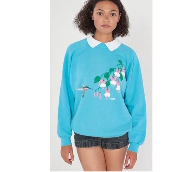 Vintage Morning Sun Blue Flower Bird Graphic bird Collared Sweatshirt Size Large - Picture 1 of 7